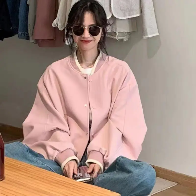Korean-Style Pink Baseball Jacket For Women, Lightweight, New Spring Collection, High-End Feel, Loose Casual Design, Versatile