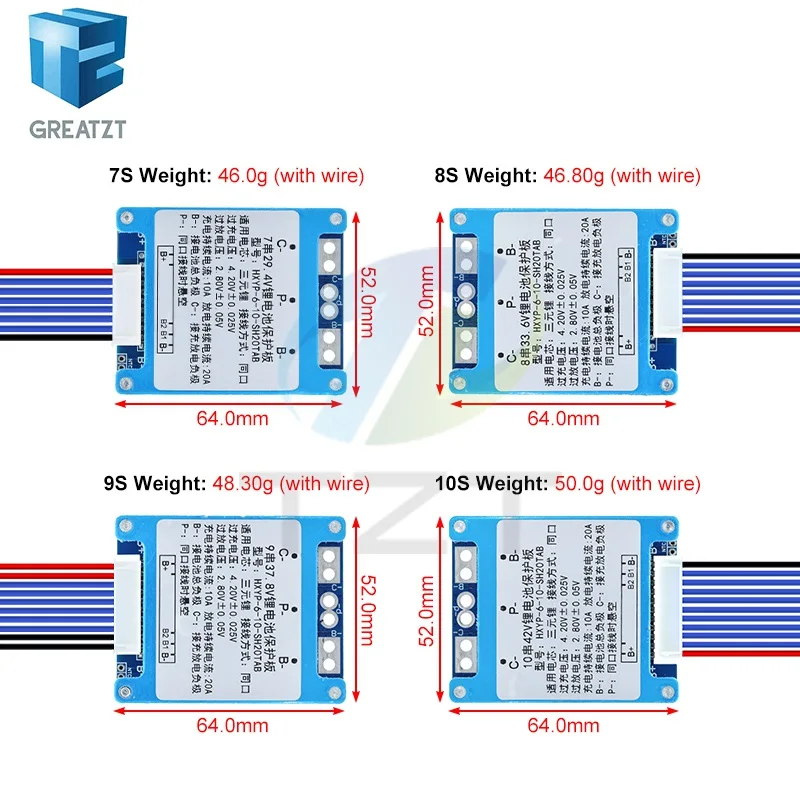 TZT 1/3PCS 7S 8S 9S 10S 3.7V 20A BMS 29.4V/33.6V/37.8V/42V Li-ion Ternary Lithium Battery Protection Board With Balance/NTC
