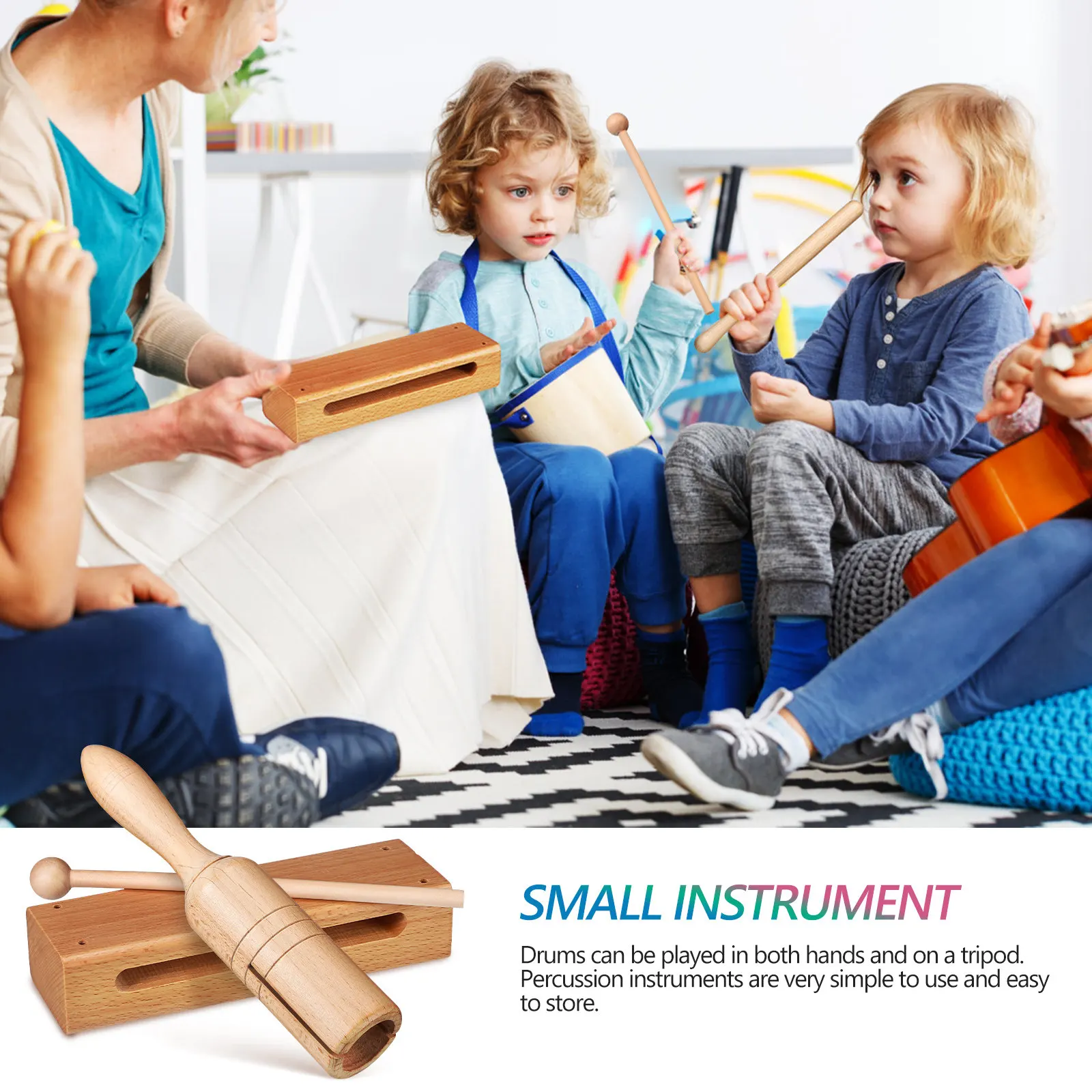 Wooden Percussion Instrument Set Single Tone Handheld Wood Block with Mallets for Kids Music Education 2 Sets
