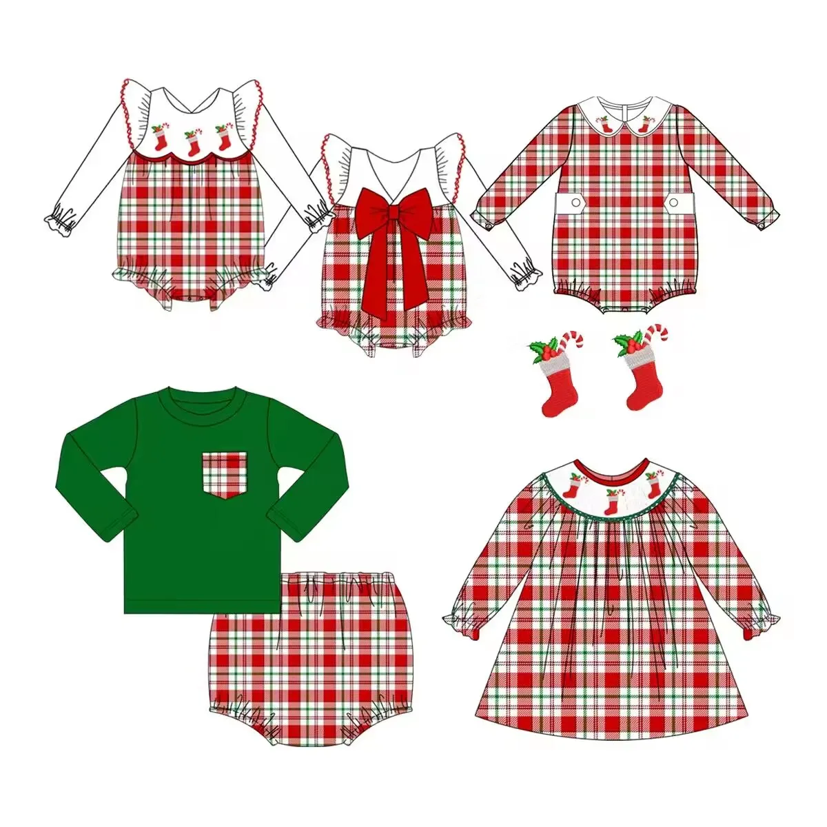 New Christmas clothing for toddlers long-sleeved suit red and green plaid printed clothing Christmas socks cane candy printed