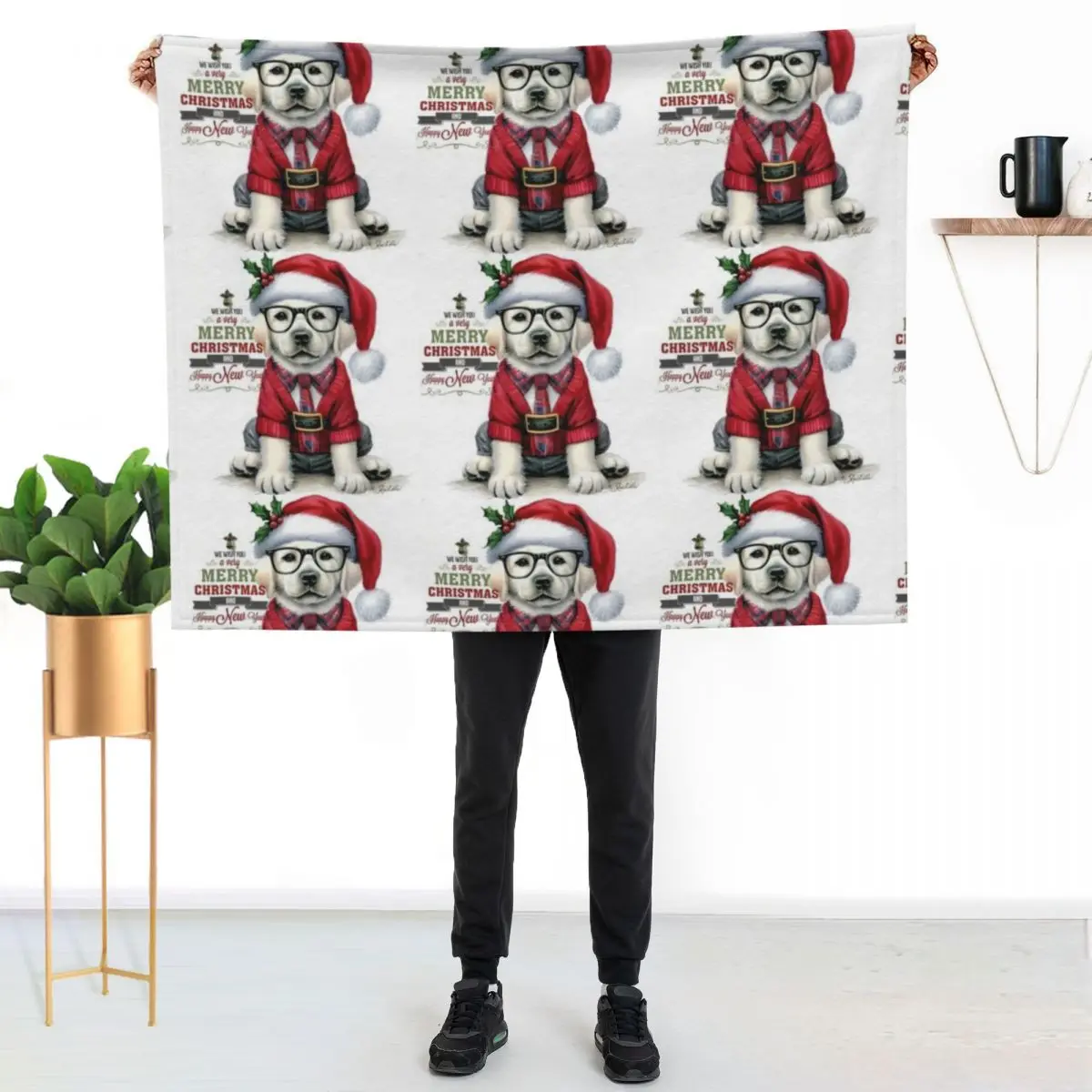 Cute Labrador Puppy Dog dressed in Santa Hat and Sweater Christmas Painting Throw Blanket Summer Hair Flannel halloween Blankets