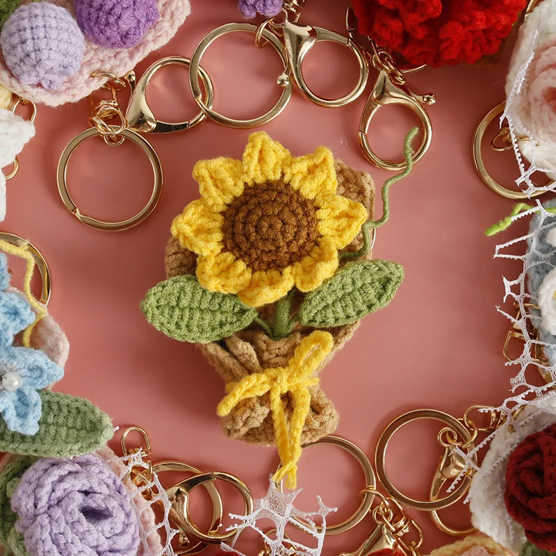8 سنتيمتر النباتات المحشوة عباد الشمس الورود توليب Carnatio اليدوية الكروشيه سلاسل المفاتيح قلادة صغيرة على ظهره الشنق هدايا عيد الميلاد