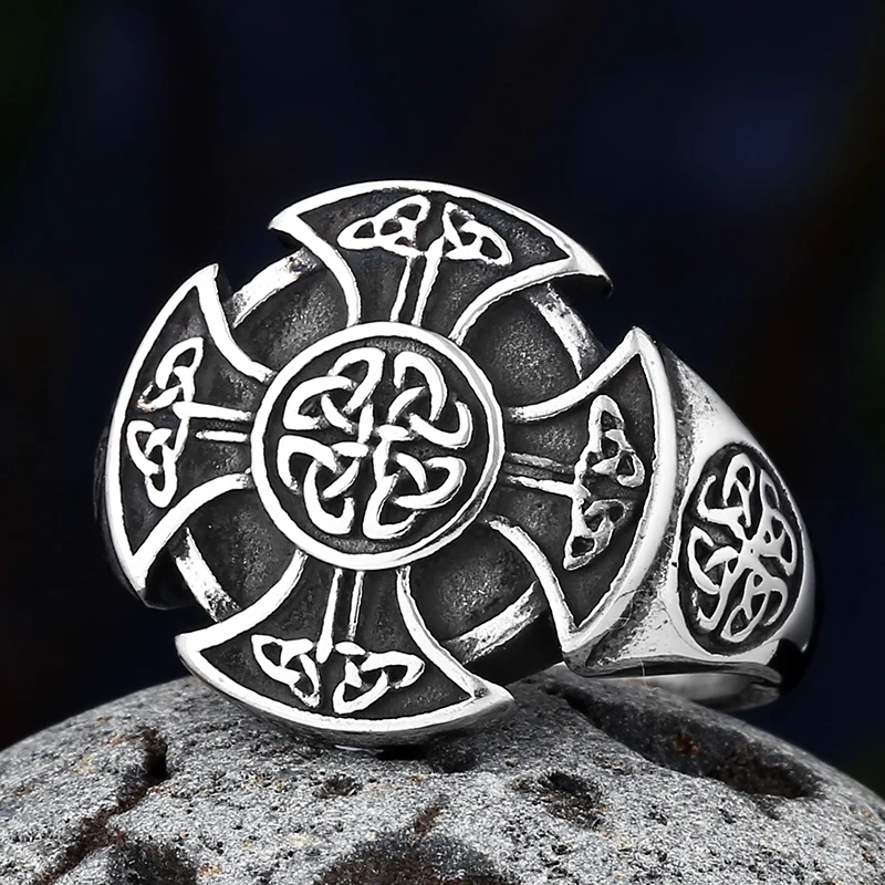Fashion 2024 New Vintage Stainless Steel Cross Knot Ring Men Nordic Viking Axe Aegishjalmur Anels Male Norse Mythology Jewelry