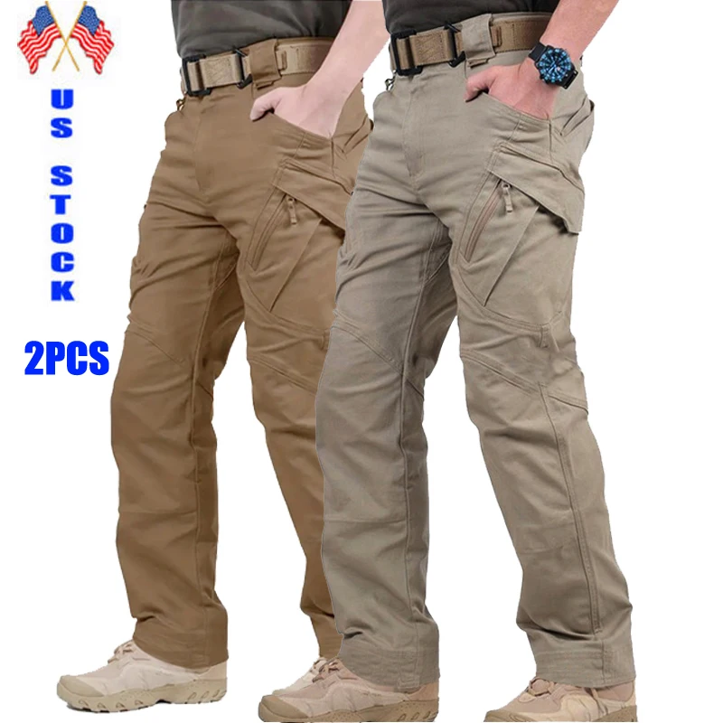 

2pcs Men's Solid Color Cargo Pants, Breathable Comfy Outdoor Tactical Pants With Multi Pockets For Hiking Trekking Traveling