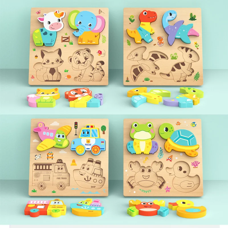 3D Cartoon Holzpuzzles Tier- und Verkehrsmittel-Puzzlespiele für Kinder Montessori Frühes Lernen Pädagogisches Kognitives Spiel Kindergeschenk