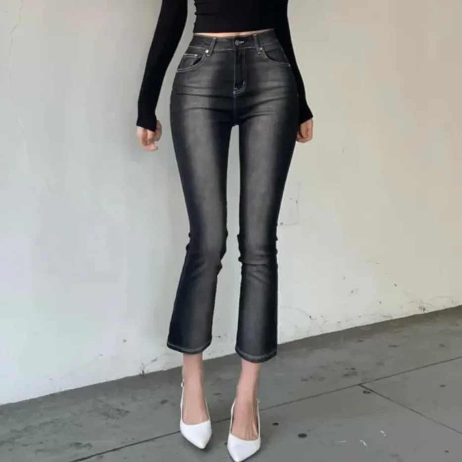 

Sexy High Waist Slimming High-Light Waed Flared Straight Denim Jeans Nine-Piece Cotton Stretch Blue Jeans for Women