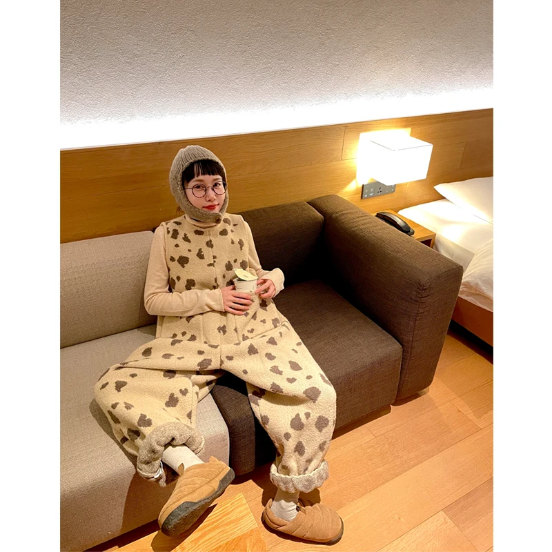 

Original Design Monkey Home Thiened Warm Woolen Weave Ba Zipper Leopard Print Jumpsuit High Waist Long Pants Women's Faion
