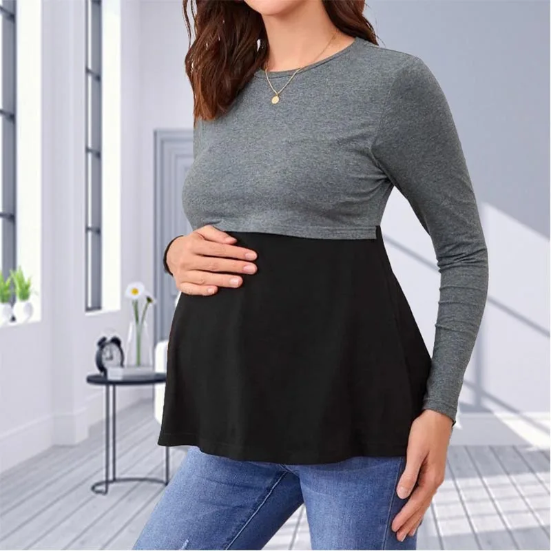 Women Maternity Long Sleeve Solid Color Crew Neck Nursing Shirt Casual Long Sleeve Crew Neck Basic Nursed Shirt Breastfeeding