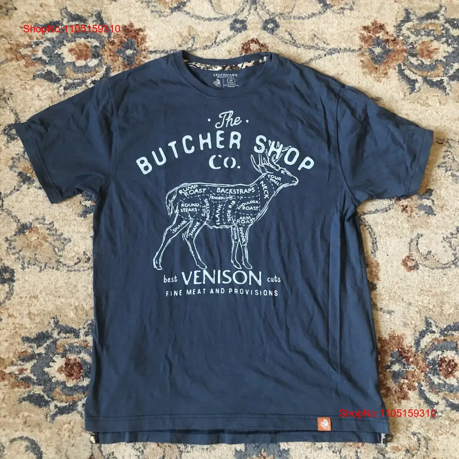 تي شيرت رجالي ذو ذيل أبيض أسطوري مقاس L أزرق The Butcher Shop Co DEER Venison عتيق مغسول قابل للتنفس كاجوال