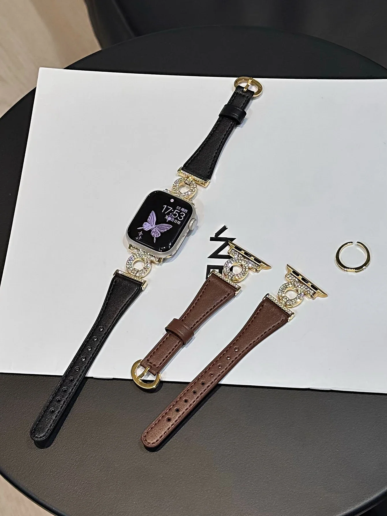 ممتاز بلينغ حلقة جلدية رقيقة ل سوار ساعة يد آبل النساء 10/9/8/7/6/5/4/3 SE 38 مللي متر 40 مللي متر 41 مللي متر 42 مللي متر 44 مللي متر 45 مللي متر 46 مللي متر 49 مللي متر حزام