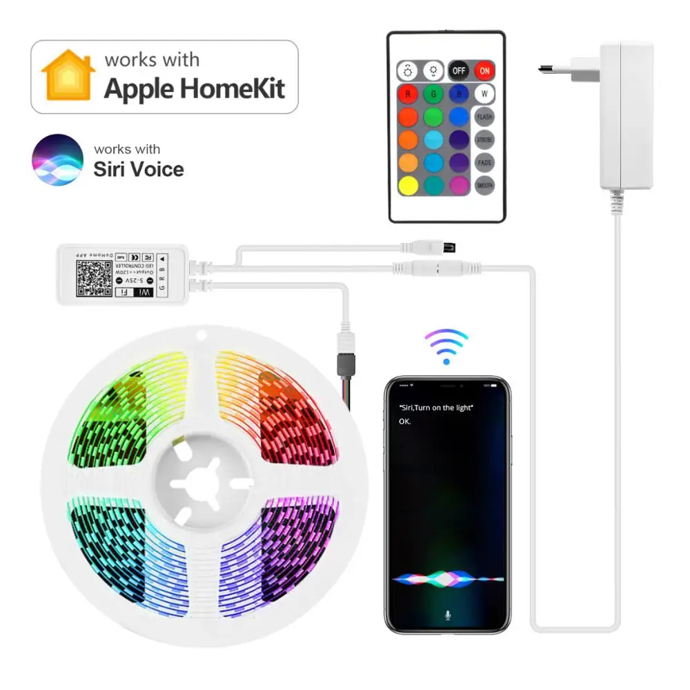 Homekit LED Strip Light WIFI Siri Voice Control RGB 5050 Flexible Ribbon fita Led Lights Tape Diode DC12V 1M-15M Apple Home App