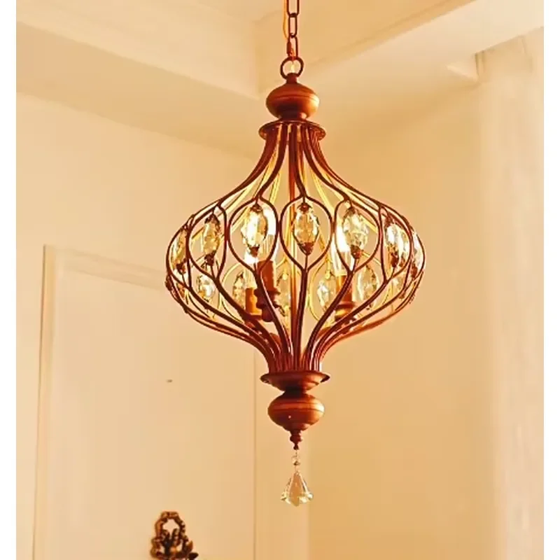 French Crystal Wrought Iron Chandelier Lantern Dual Purpose Hanging Ceiling LED Entrance Light 3 Year Warranty