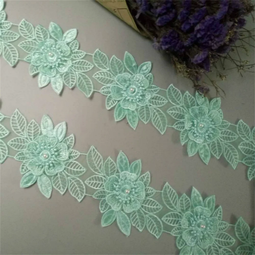 

2 yards Turquois Pearl Flower Leaf Handmade Beaded Embroidered Lace Trim Ribbon Applique Wedding Dress Sewing Craft DIY 9cm