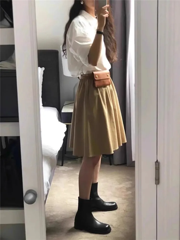 กระโปรงทรงเอเอวสูงยางยืดลำลองสำหรับผู้หญิงไซส์ใหญ่ กระโปรงทรงเอ midi ช่วยให้ดูผอมเพรียว สไตล์เกาหลี เหมาะสำหรับใส่ไปทำงานในช่วงฤดูร้อน