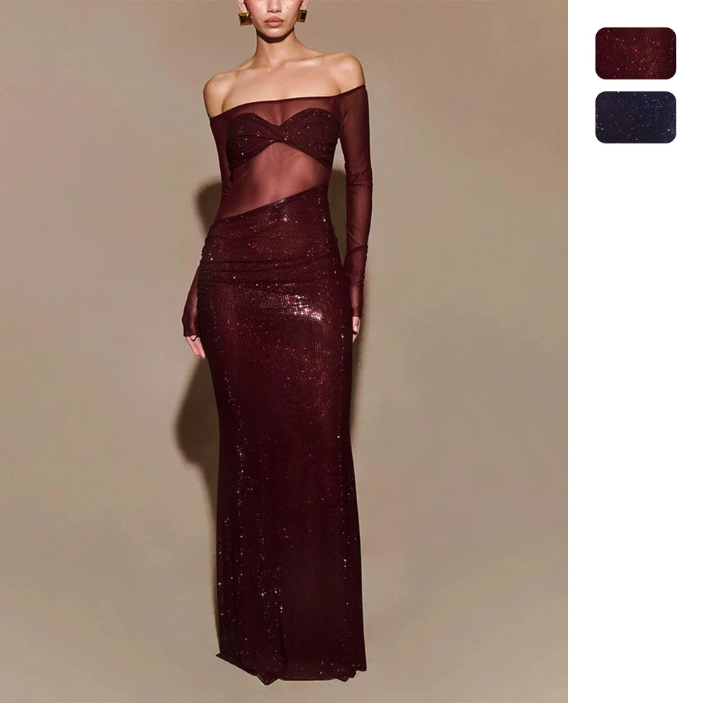 Women's Sheer Evening Clothes Erotogenic Long Smart Off-shoulder Clothes 8108 Summer Long Dress Sexy Boho Bandage