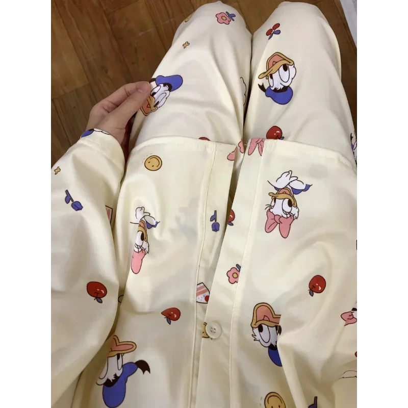 Disney Donald Duck Silk Pajamas Female Cute Cartoon Ice Silk Comfortable Pure Cotton Breathable Loose Home Women\'s Pajamas Set