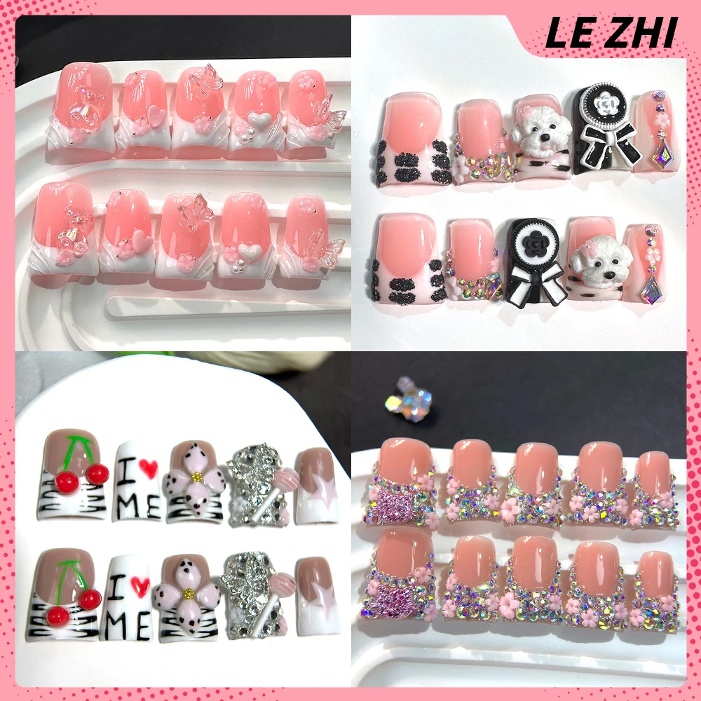 

10Pcs Short Duckbill Long Stiletto Coffin Handmade Nails Party Sticker Kawaii Dog Rhine Stone Lollipop Bowknot Flower False Nail