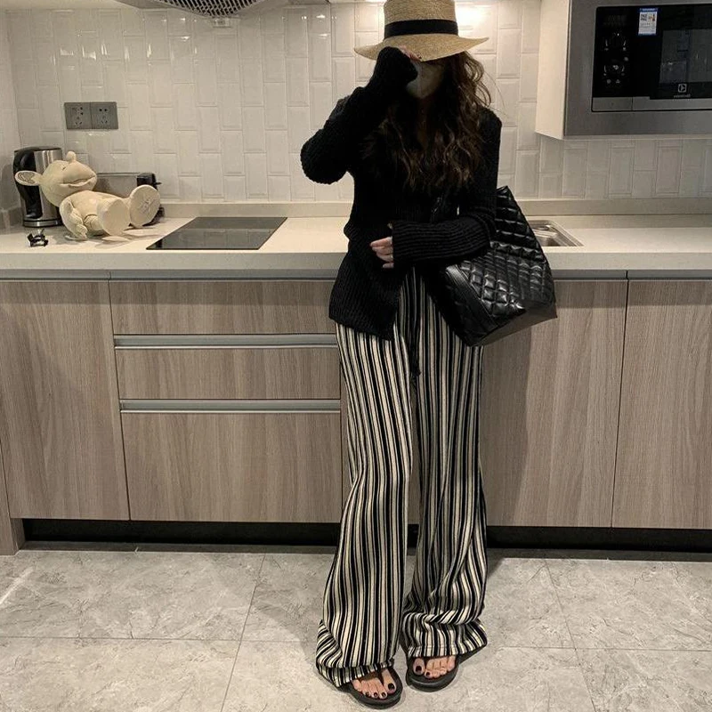 Korean Style High Waist Casual Striped Loose Sports Wide Leg Trousers For Women