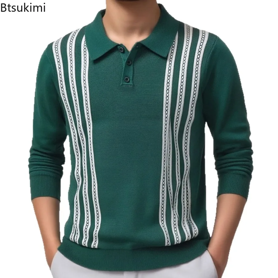 New Spring Men's Clothing Fashion Casual Business Knit Sweater Long Sleeve Lapel Knitted Pullovers Tops Male Knitwear Polo Shirt