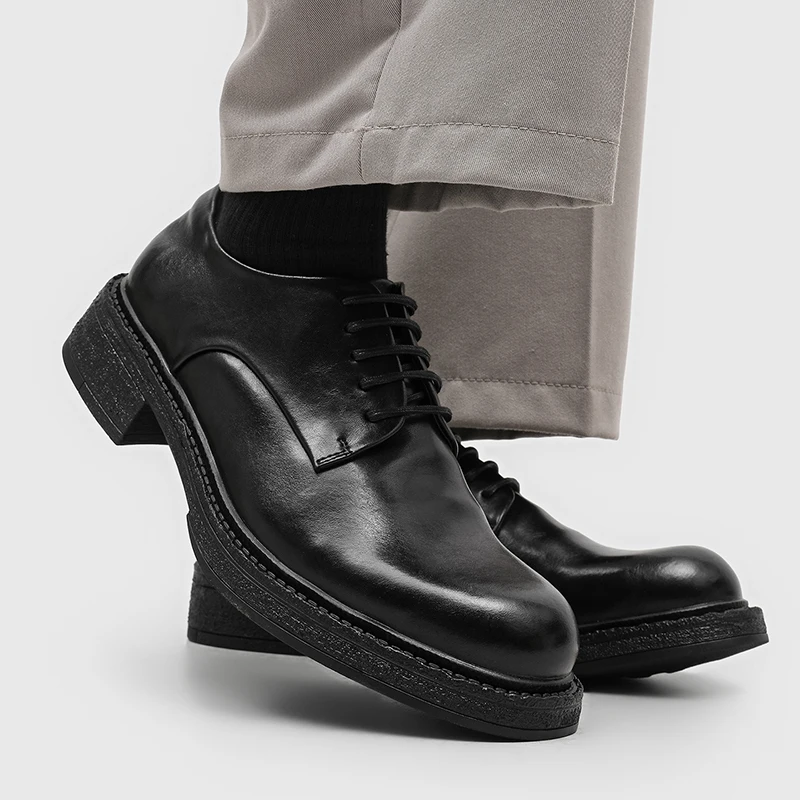 Men Platform Derby Shoes Black Retro British Style Casual Simple Business Lace-up Leather Shoes Formal Shoes Men Size 38-46