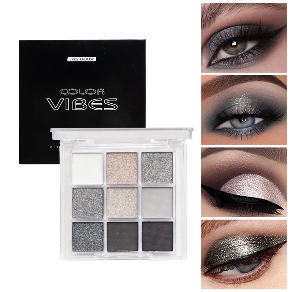 9‑Color Smoky Black Grey Eyeshadow Palette, Matte Shimmer Cool Silver Gray Eye Makeup Palette, High Pigment for Punk Party Stage