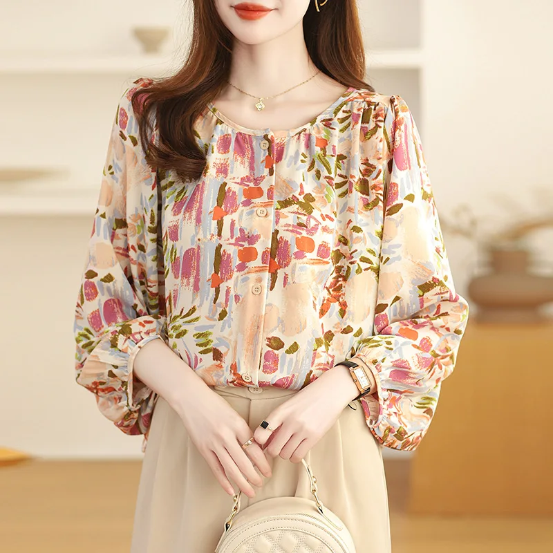 

French Vintage Floral Nine-Quarter Sleeve Shirt Women 2024 New Print Elegant Top Trendy Small Shirt Casual Fashion