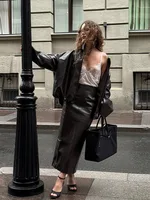 Street Woman Leather Two Piece Set Retro Lapel Zipper Jacket High Waist Straight Long Skirt Fashion Versatile Women's New Suits - Image 2