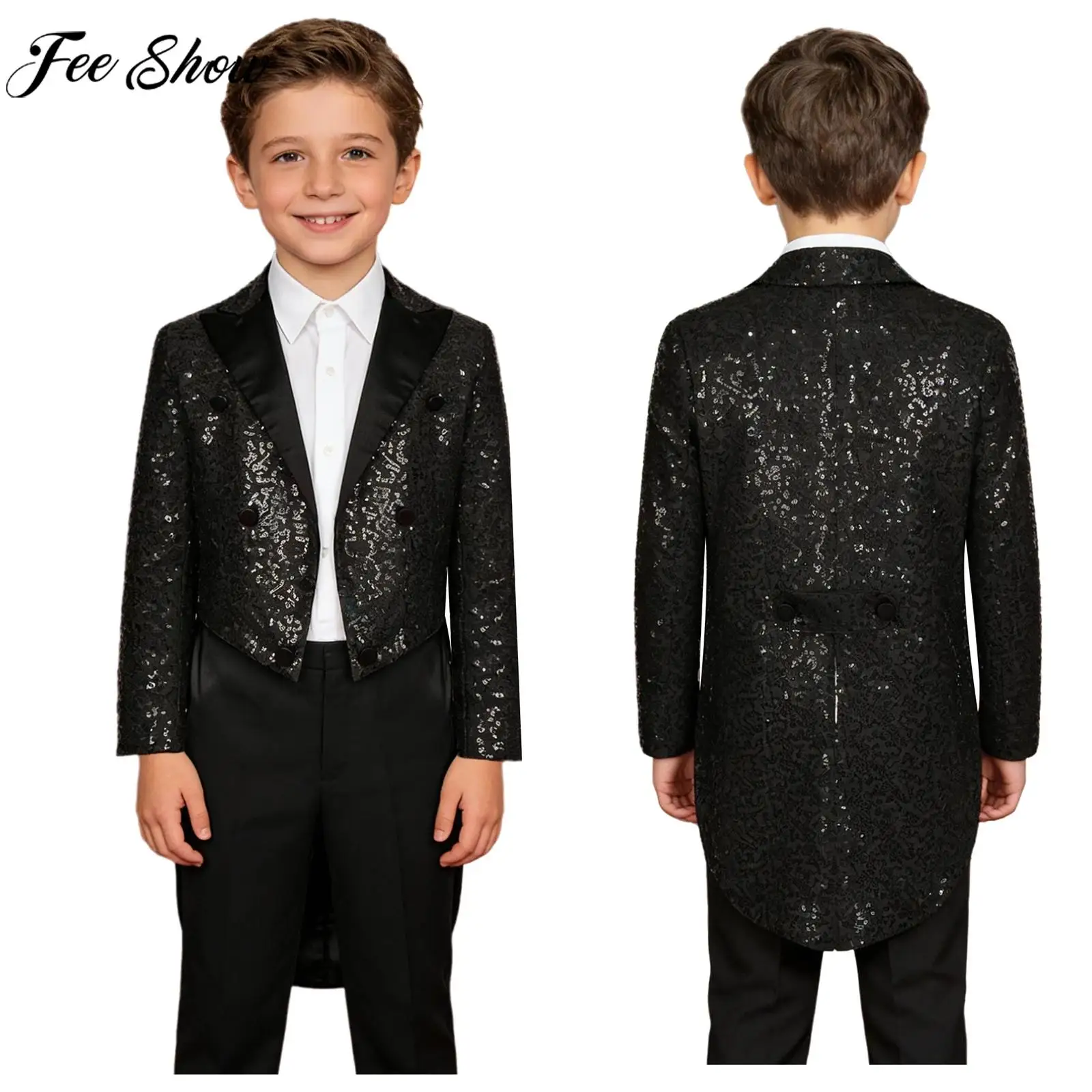 Enfants garçons cirque spectacles magiques danse fête Performance Costume à manches longues paillettes Blazer smoking manteau mariage Gentleman Tailcoat