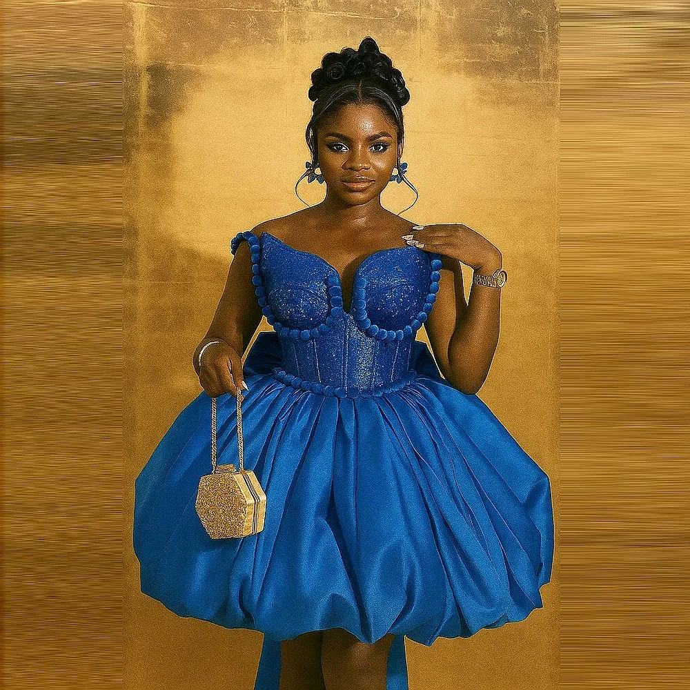 

Royal Blue Short Cocktail Dresses With Sweetheart Draped Big Bow Puffy Ball Gown Prom Dress African Women Evening Party Gowns