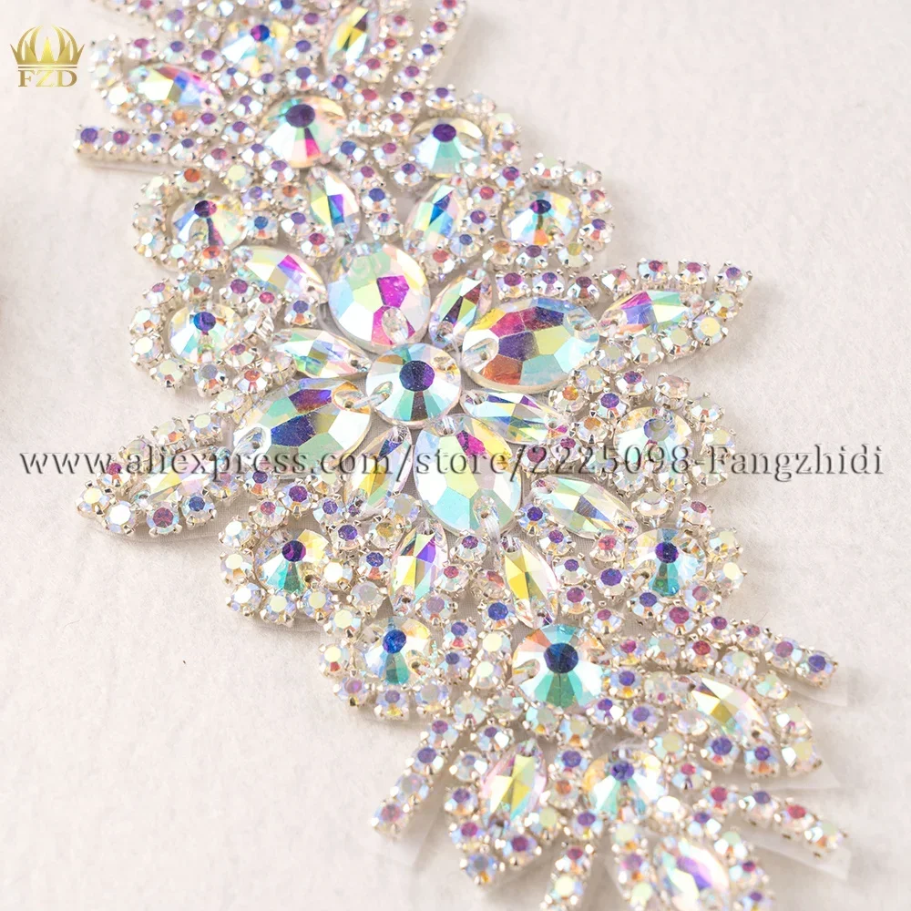 FZD 1 PC AB Sliver Crystal Rhinestone Applique Welding Flower Patch Sew on Wedding Dress Sleeves Accessories Rhinestone Applique