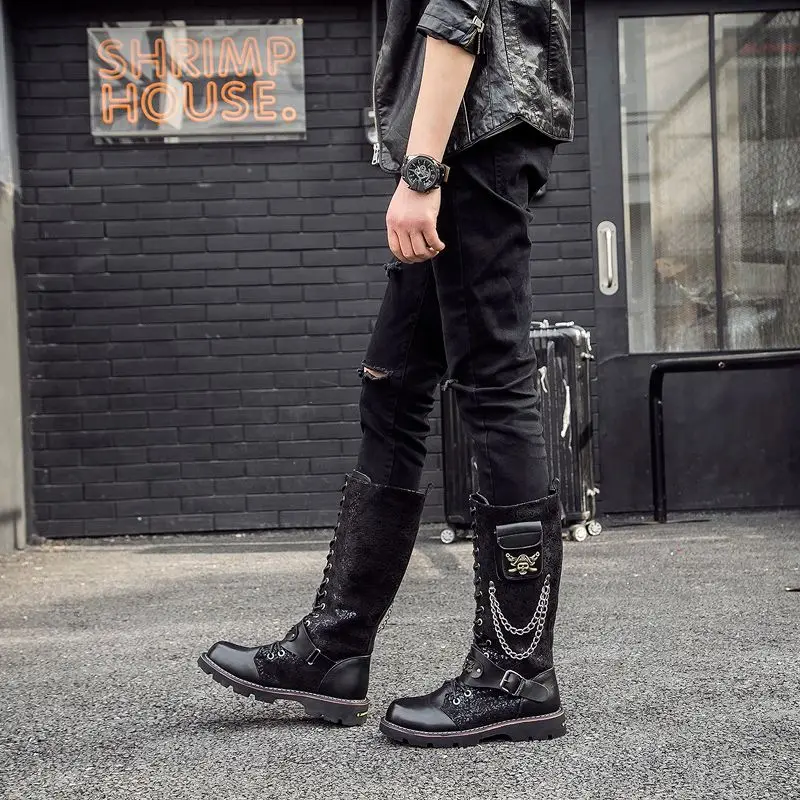 Fashion Leather Men Knee-High Boots Round Toe Black Tactical Tactical Boots Men Botas Casual Shoes Retro Motorcycle Boots Rock