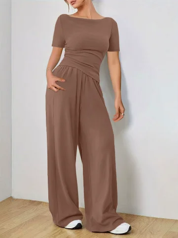 Women's Two-piece Wide Leg Pants Fashion Set Irregular Short Top Women's Clothing Yoga Exercise Set Спортивный Костюм Женский  image 5