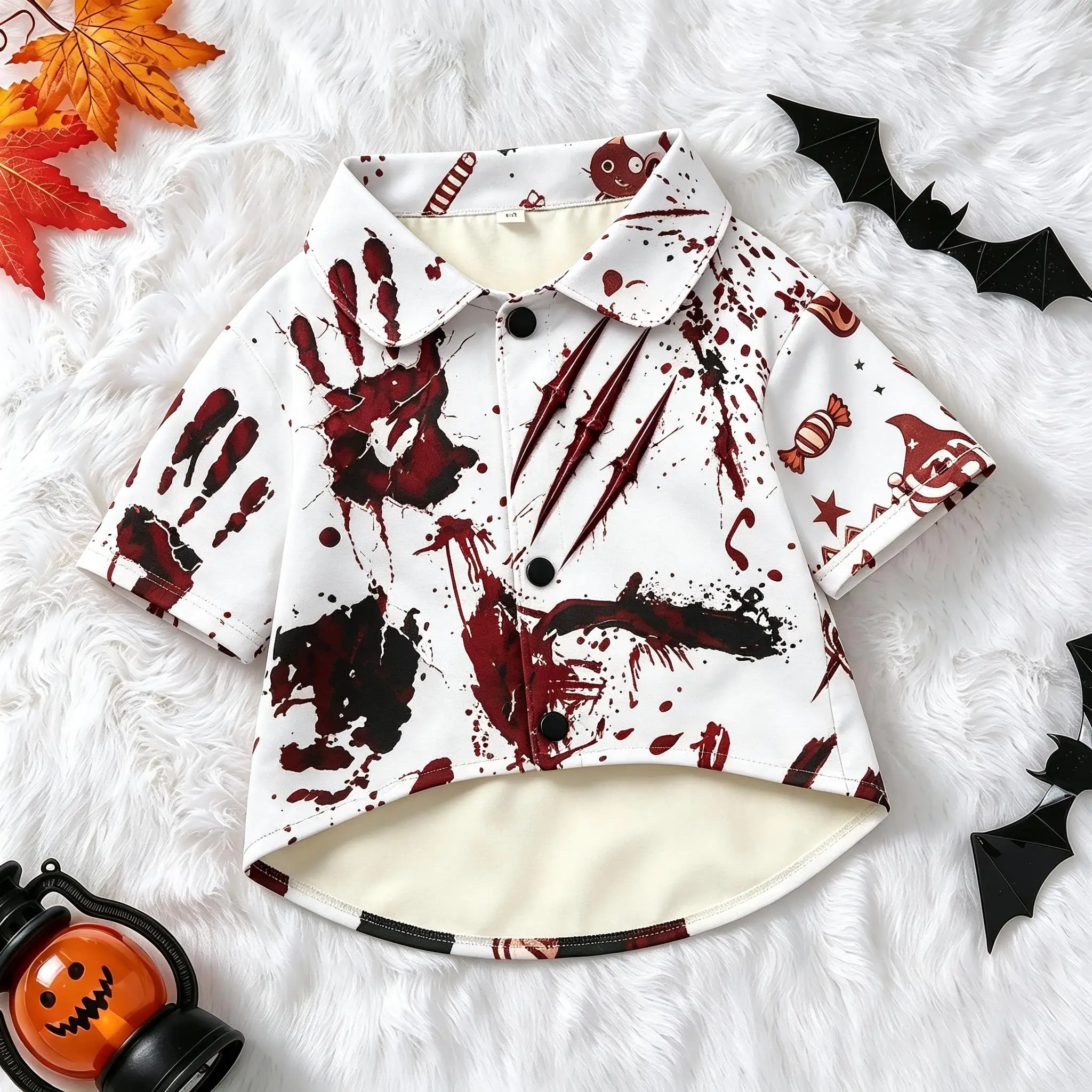 Pet Dog Shirt White Blood Splatter Scary Claw Print Breathable Button Up for Small Medium Dogs Creepy Halloween Theme Party Wear