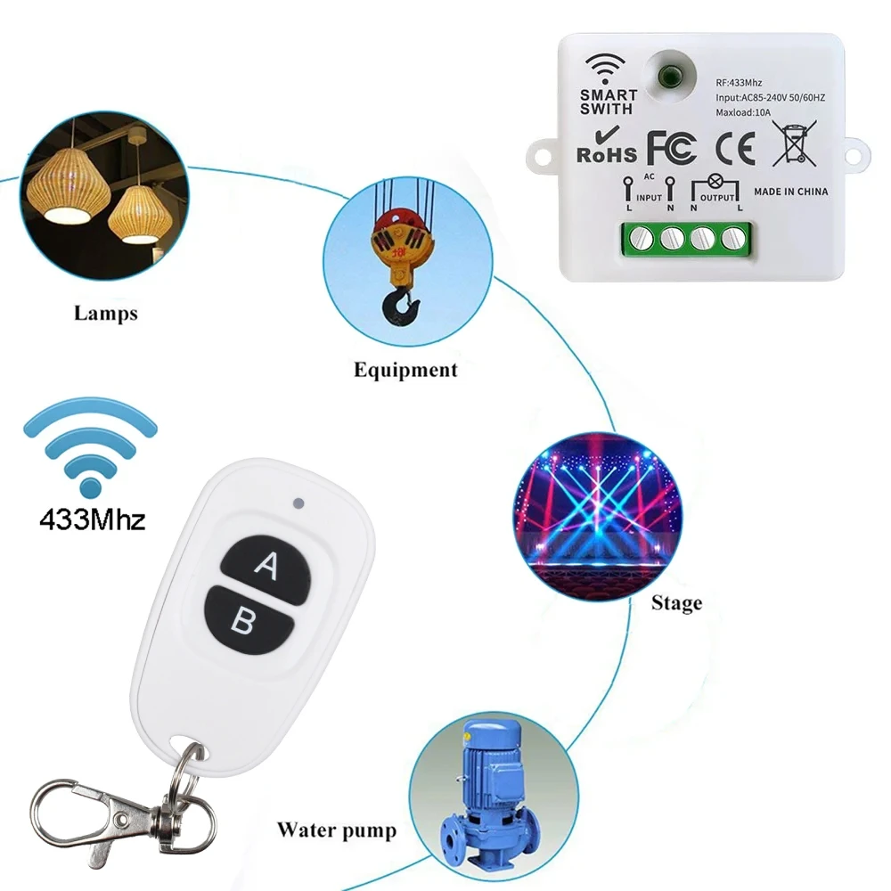 433MHz Wireless RF Remote Control Switch AC 110V 220V Relay Mini Receiver Remote ON OFF Transmitter for Led Light Bulb Fan