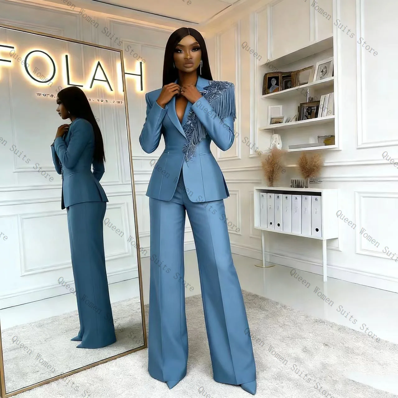 Tassel Blue Women Suit Pants Set 2 Pcs Blazer+Trousers Crystals Cotton Prom Formal Office Lady Jacket Wedding Coat Customized