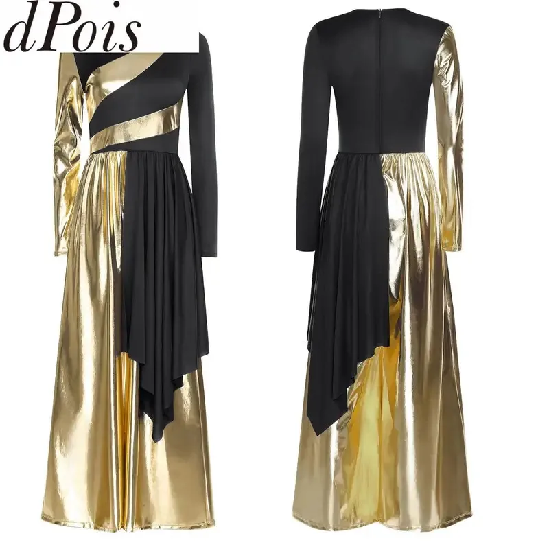 

Womens Liturgical Praise Dance Dress Metallic Patchwork Long Sleeve Lyrical Dancewear Church Worship Choir Performance Costume