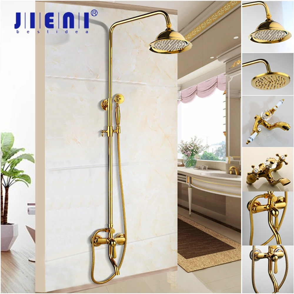 

JIENI Golden Polished Shower Faucet Shower Head Aerator Nozzle High Pressure Solid Brass Crystal Valve Ceramic Handle Shower Set