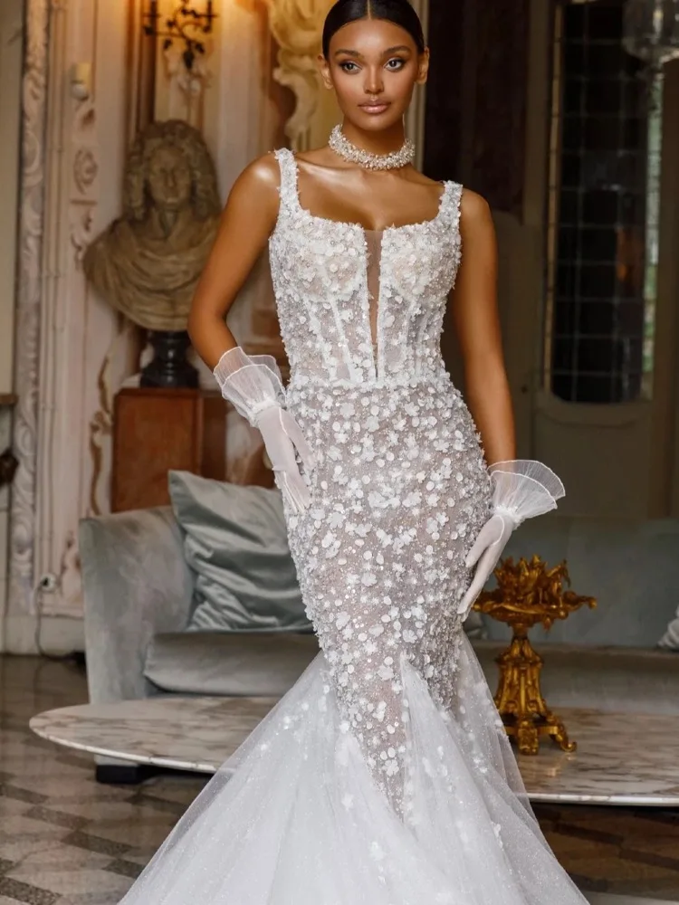 Robe de Mariée Sirène avec Bretelles Spaghetti, Imprimé Floral 3D, Col Carré, Dentelle, Trompent, pour Patients, Tout Personnalisé