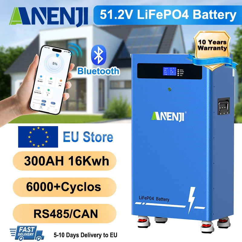 ANENJI 51.2V 300Ah 16Kwh 5.12Kwh 100AH Akumulator LiFePO4, 6000 cykli i 5KW 6.2KW Hybrydowy Inwerter Solarny MPPT 100A 120A