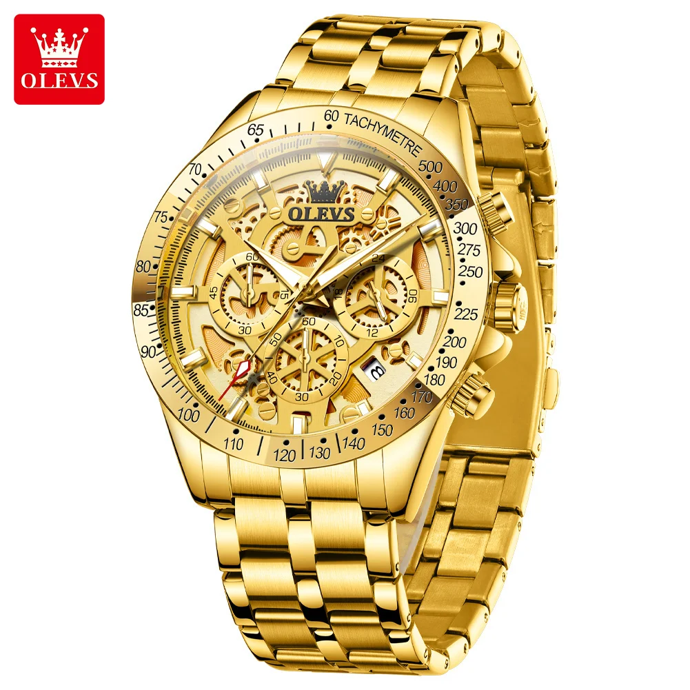 OLEVS 9913 Lxuxry Brand Gold Men\'s Watches Skeleton Design Stainless Steel Chronograph Waterproof Luminous Quartz Wristwatch Men