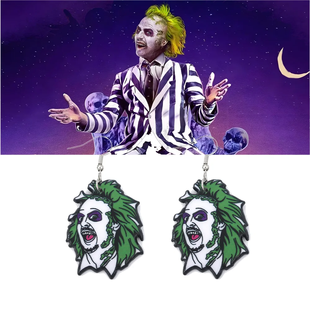 Pendientes de pelo verde de Halloween de terror para hombre, colgante acrílico, pendientes de mago Beetlejuice para mujeres y hombres, accesorios de joyería, regalos