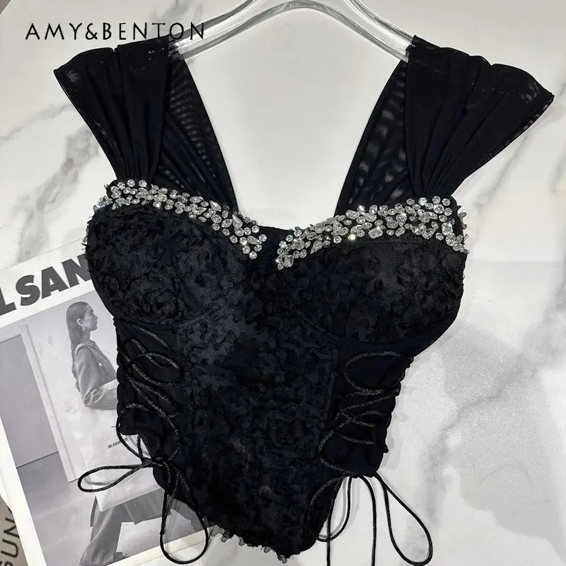 

2023 Summer New Tank Top Vest Elegant Socialite Rhinestone Mesh Cinched Strap Chest Pad Lace Camisole Crop Tops Women Clothes