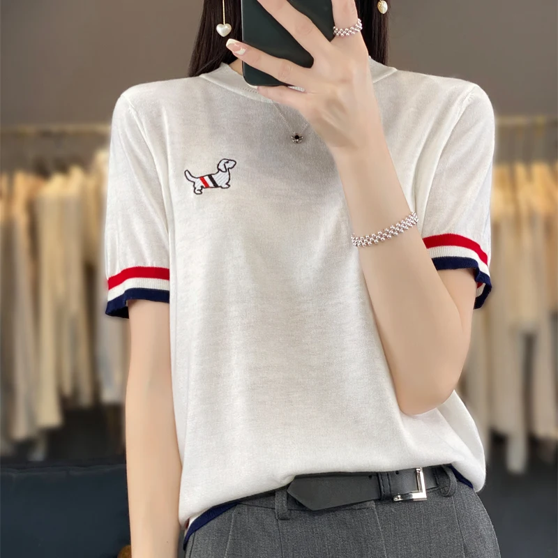 ADDONEE Spring Summer Women Preppy Style T-shirt Basic Casual Short Sleeve O-neck Pullover Sweater 30% Merino Wool Knitwear Tops