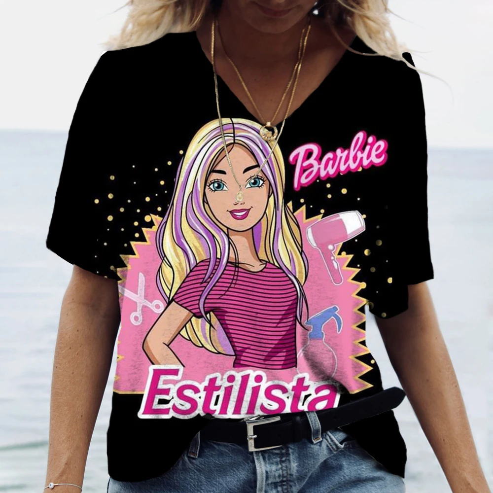 Camiseta 3D estampada da Barbie feminina, camiseta kawaii com decote v, Tops grandes, camiseta verão, rosa, moda, roupas femininas, 2022