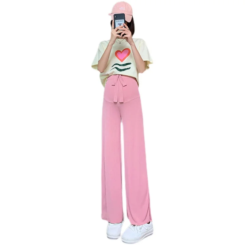 Maternity High Waist Abdomen Pants Wide Leg Loose Prenancy Full Length Belly Pants Summer Thin Cool Trouser For Pregnant Women