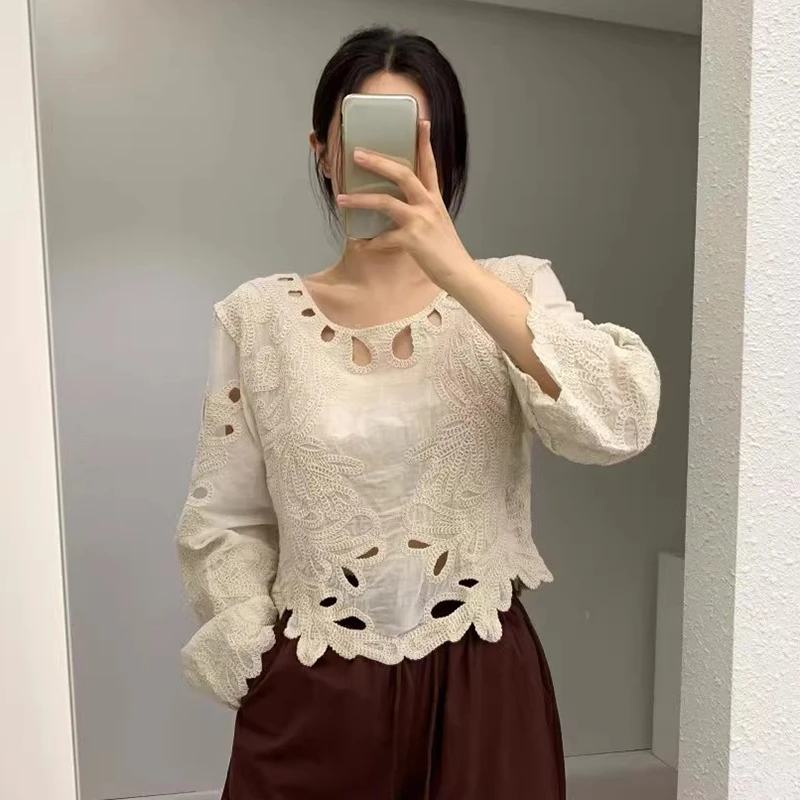 KUSAHIKI Korean Autumn Retro Niche Embroidery Hook Flower Design with Hollow Out Versatile Long Sleeved Chic Shirt Top for Women