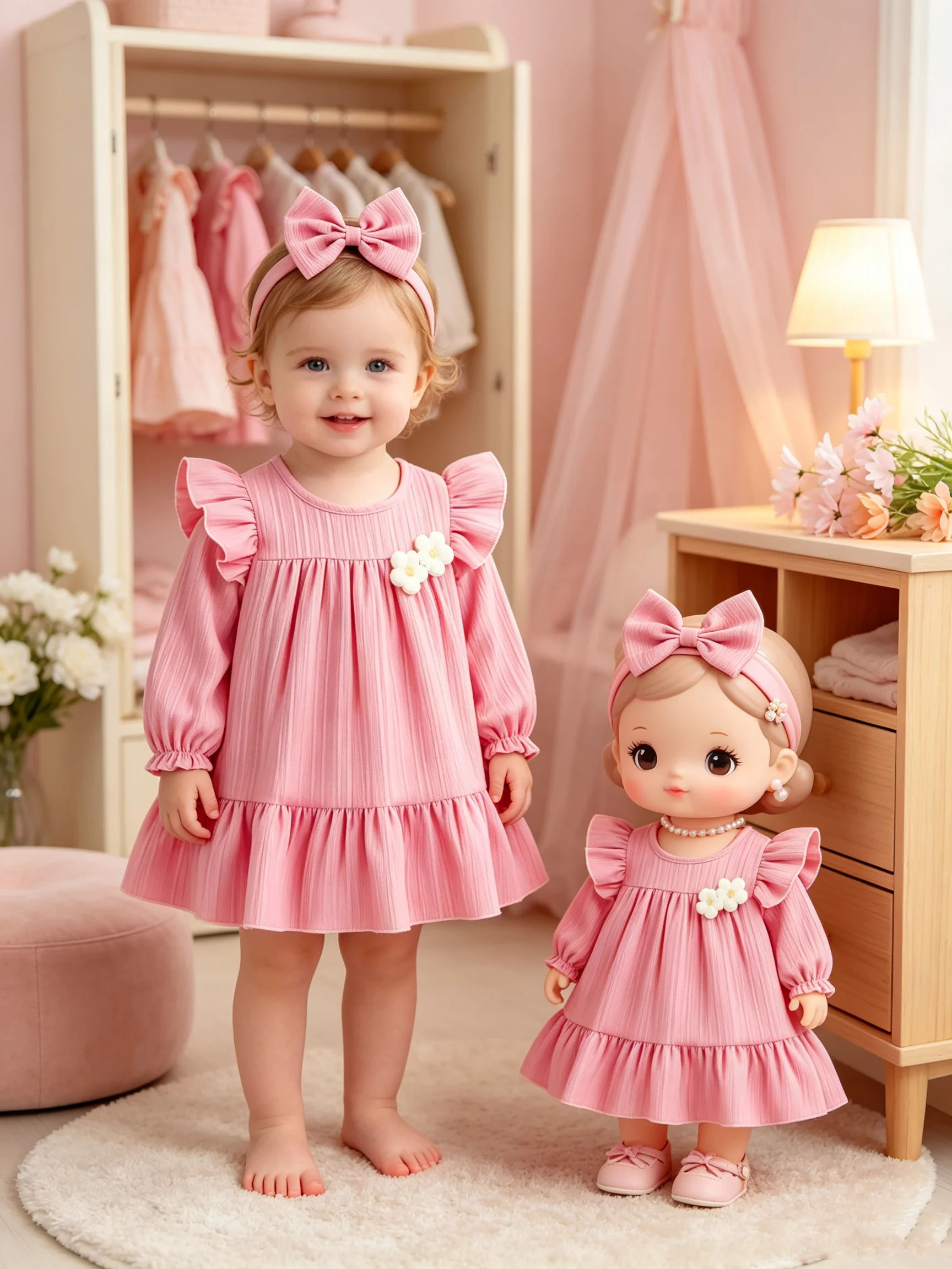 Kinderkleid mit Rüschen und langen Ärmeln, lässiger Rundhalsausschnitt, lockerer Schnitt, knielanger Rock für Babys und Kleinkinder, mittellanger Rock. – Detail 2