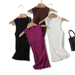 Tangada 2024 Summer Women Cotton Knitted Tank Female Sleeveless Slim Camis Top 4C040