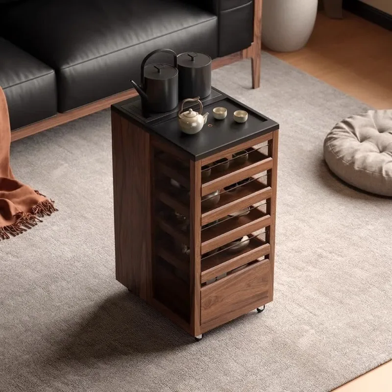 Solid wood brewed table movable sofa side cabinet living room display cabinet table