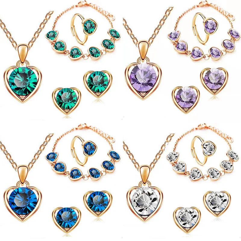 4Pcs Crystal Heart-shaped Jewelry Set Fashion Necklace Earrings Bracelet Ring For Women Bride Wedding Party Valentine's Day Gift